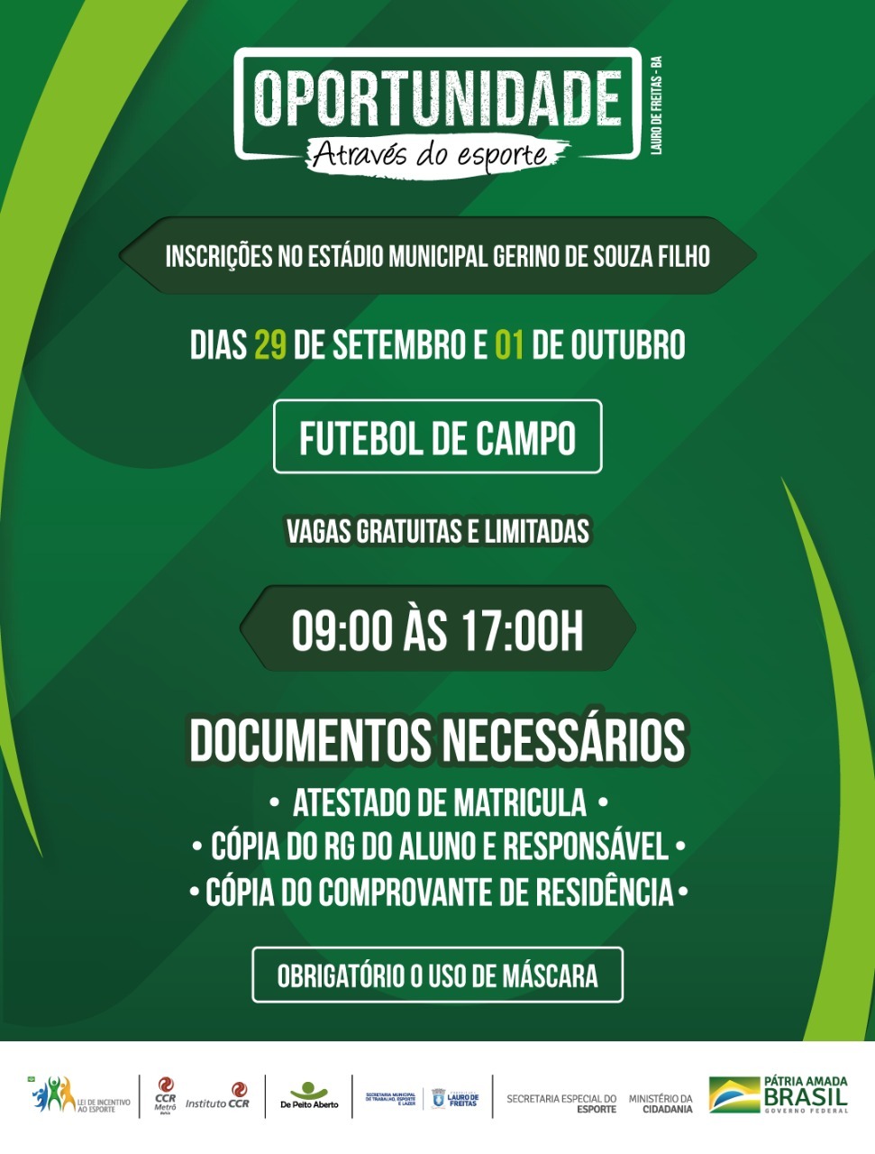  Projeto Oportunidade Através do Esporte abre vagas para aulas gratuitas de futebol de campo em Lauro de Freitas